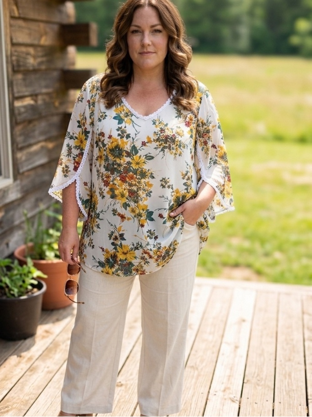 Emaline Woman 2X Floral Boho Top Sheer White Yellow Red Lace Trim